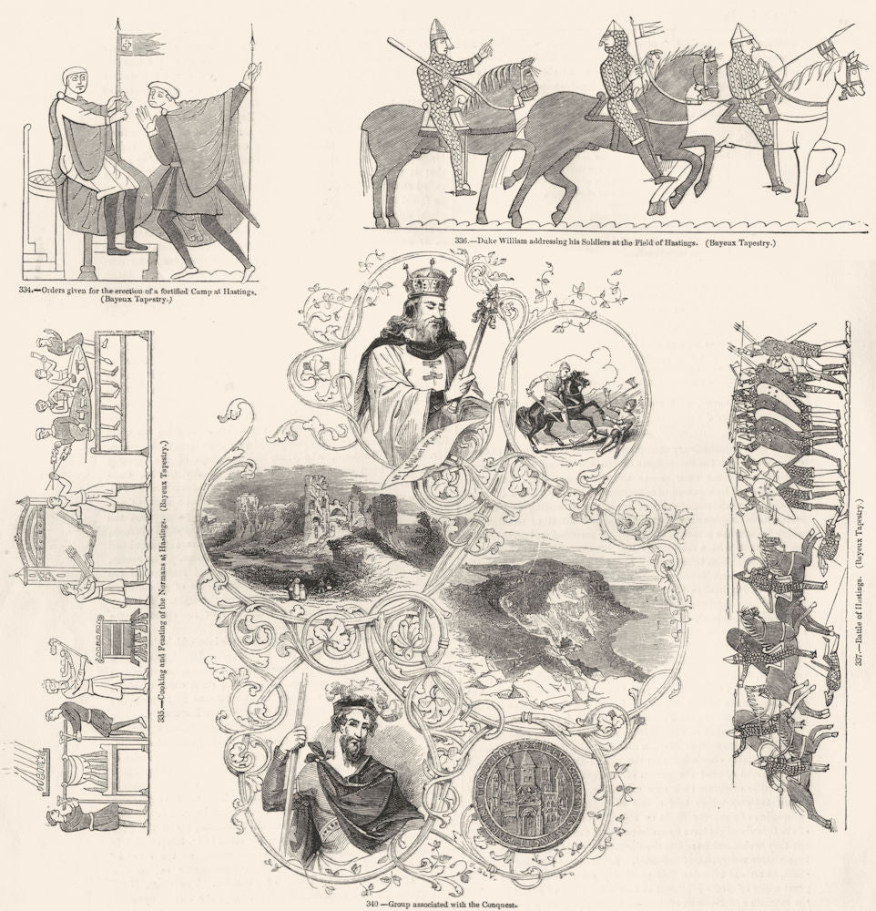 NORMAN CONQUEST. Bayeux Tapestry extracts, Hastings 1845 old antique print